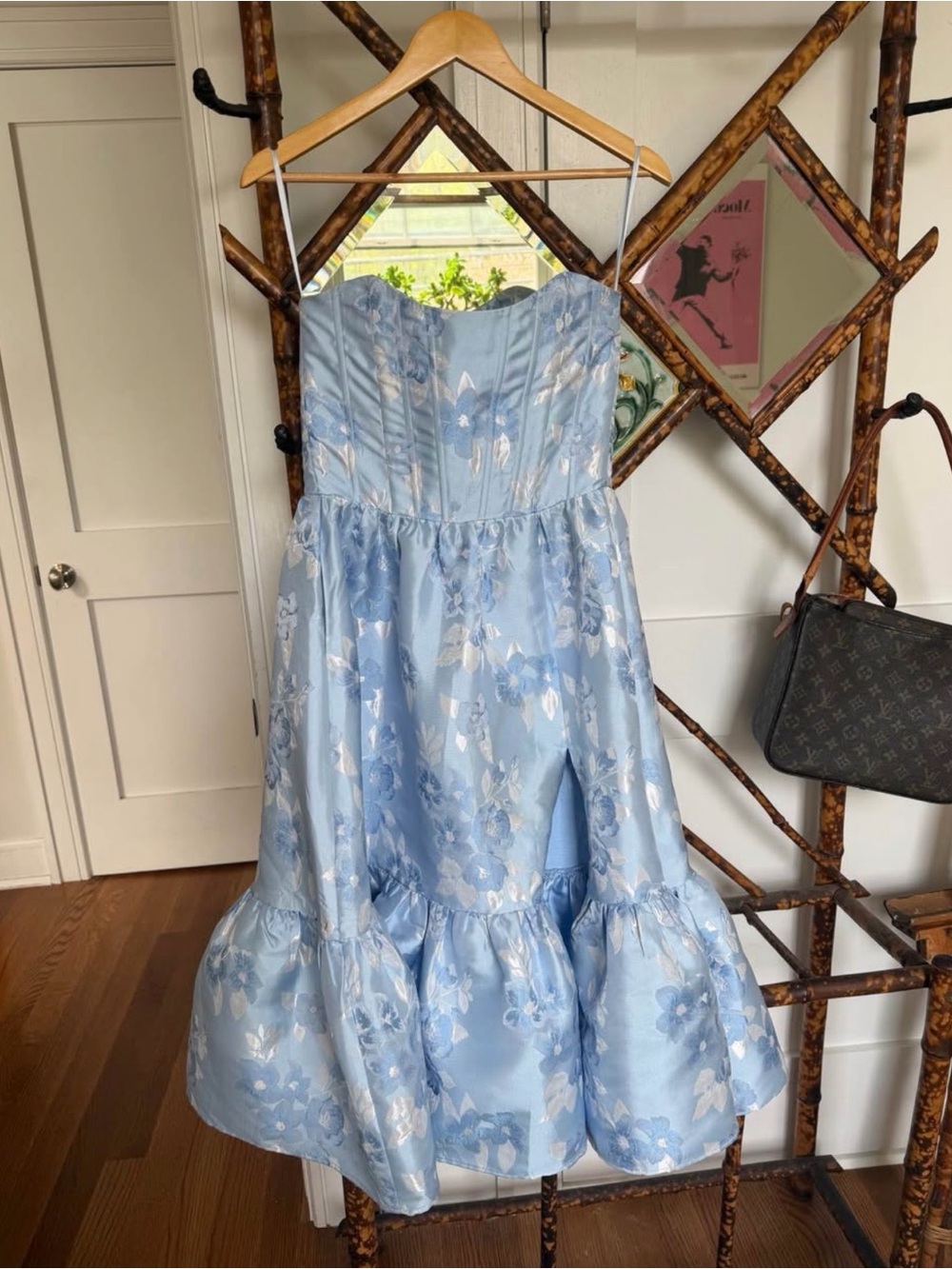 V. Chapman Powder Blue Floral Strapless Party Dress